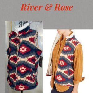 RIVER & ROSE SOUTHWEST PRINT SHERPA LINED FULL ZIP VEST~BLUE,RED~XL